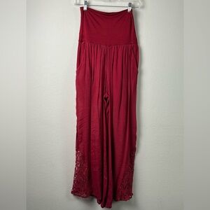 Sassy Bling Red Rollover Waist Wide Leg Embroidered Pants Beach Vacation Summer